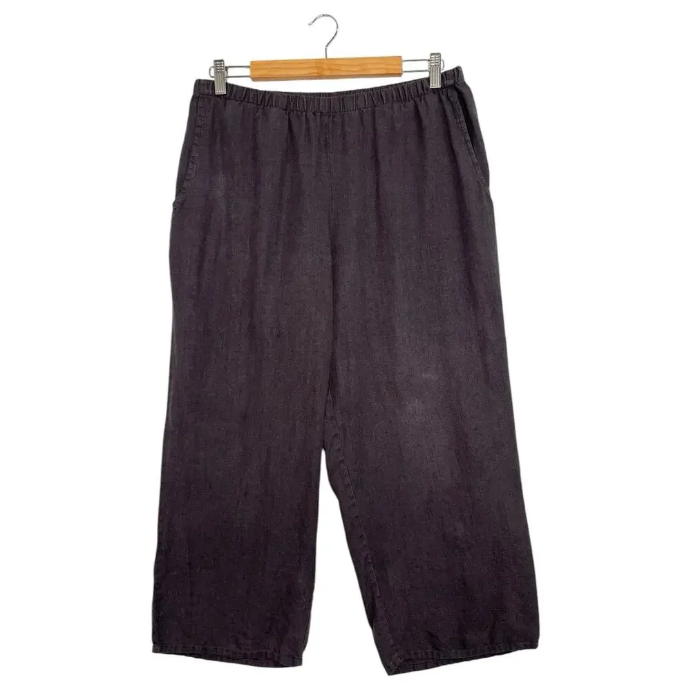 Flax Pants Womens Small Gray Linen Flood Wide Leg Cropped Lagenlook Cottage